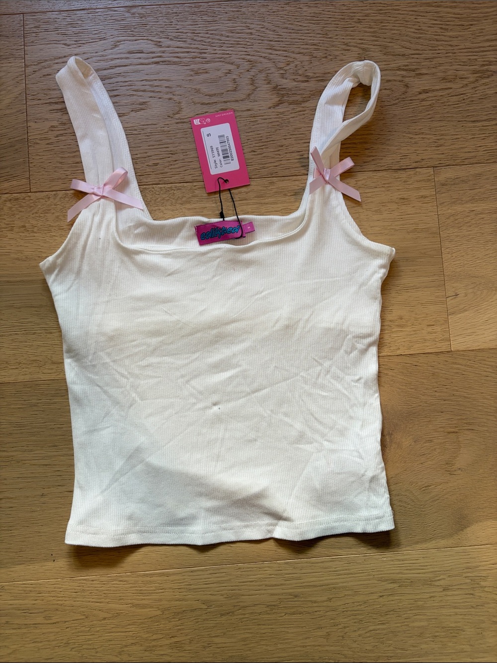 Edikted White Ribbed Tank with Pink Ribbon Bows On The Straps